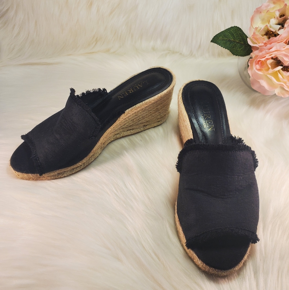 RALPH LOREN BLACK CARLYNDA SLIP WEDGES SIZE 7B